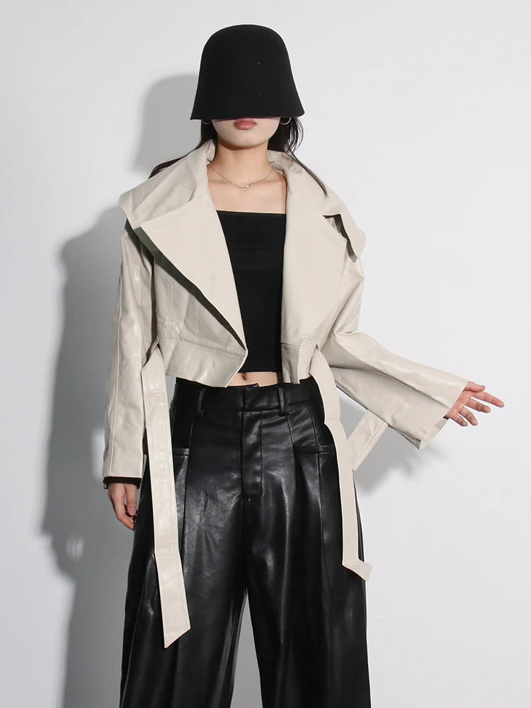 Solid Streetwear Jacket For Women Lapel Long Sleeve Patchwork Lace Up ...