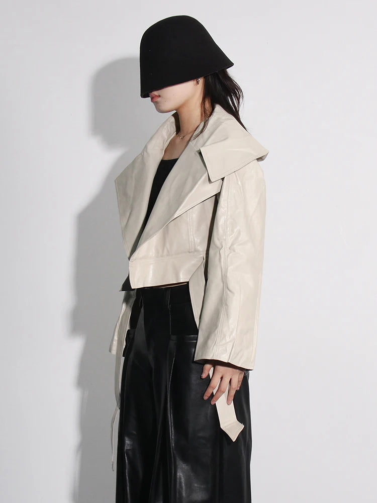 Solid Streetwear Jacket For Women Lapel Long Sleeve Patchwork Lace Up ...