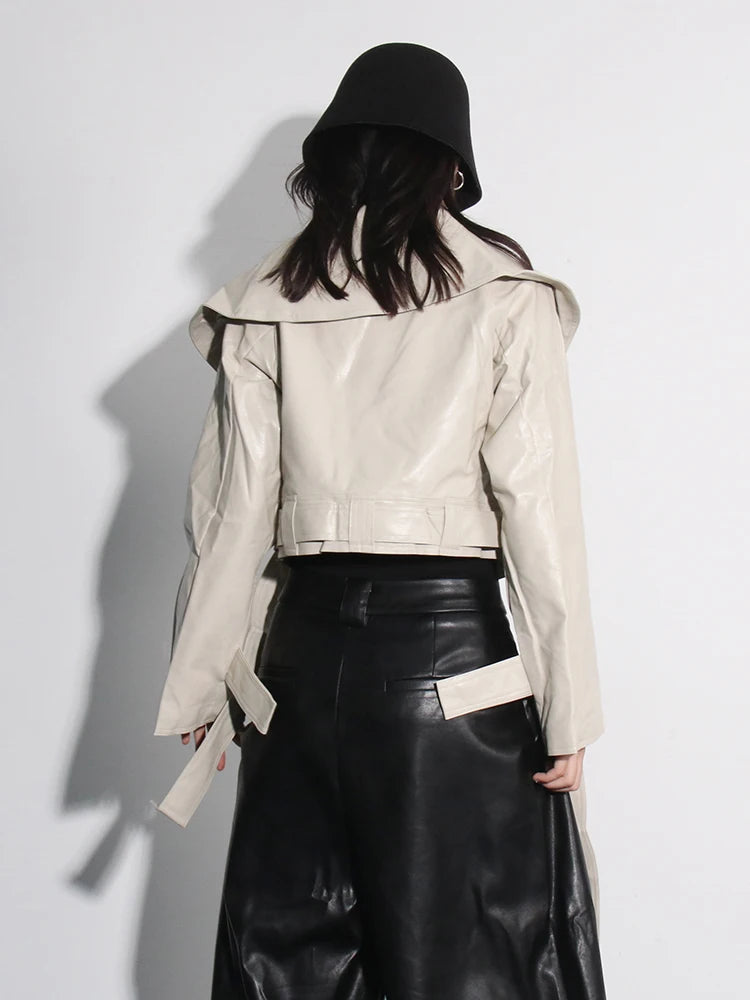Solid Streetwear Jacket For Women Lapel Long Sleeve Patchwork Lace Up ...