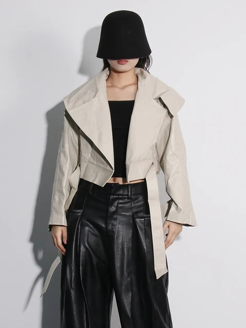 Solid Streetwear Jacket For Women Lapel Long Sleeve Patchwork Lace Up ...